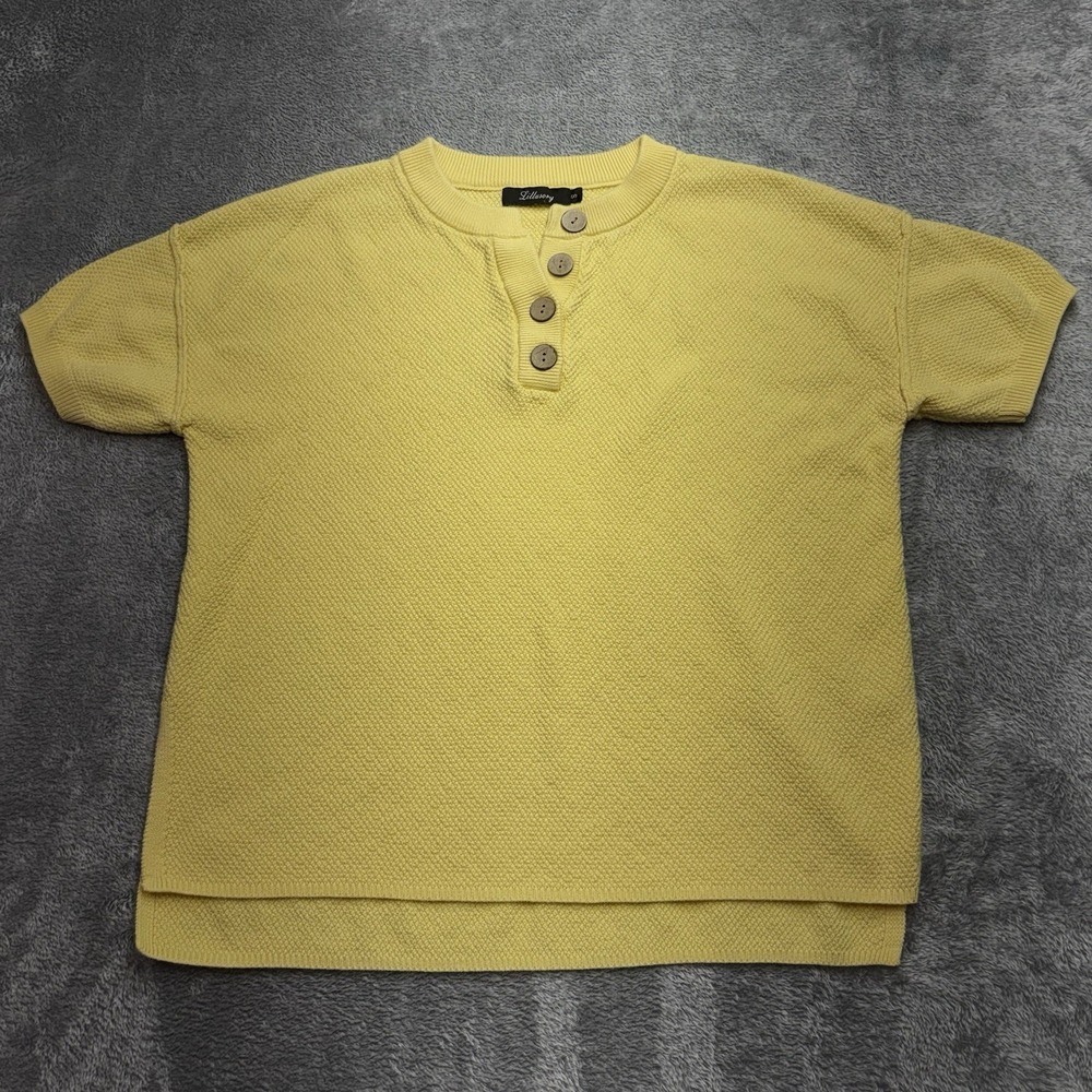 Lillusory Sweater Women's Small Yellow Short Sleeve Knit Henley Pullover